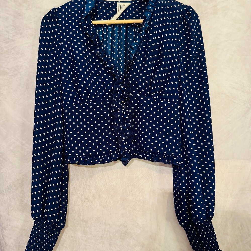 Free People Navy Polka Dot Mid Rise Button Front Ruffled Blouse - Size XS